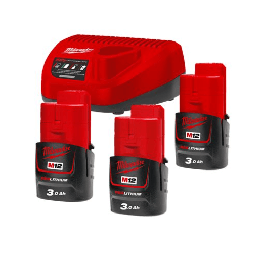 Milwaukee 12V startset 3x 3Ah lader 3A M12 NRG-303