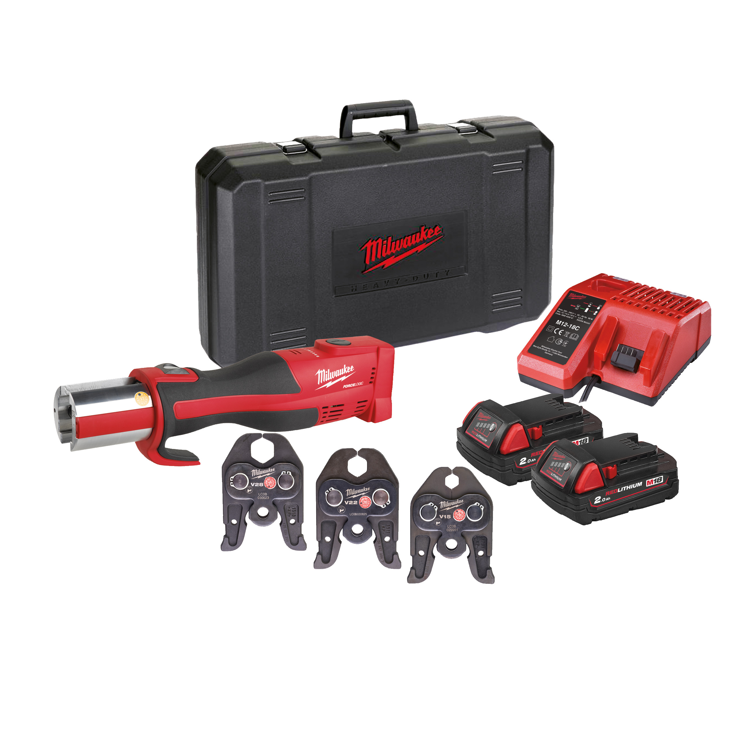 Milwaukee 18V perstang 3x V-profiel bek 15/22/28 2x 2Ah M18 BLHPT-202CV SET