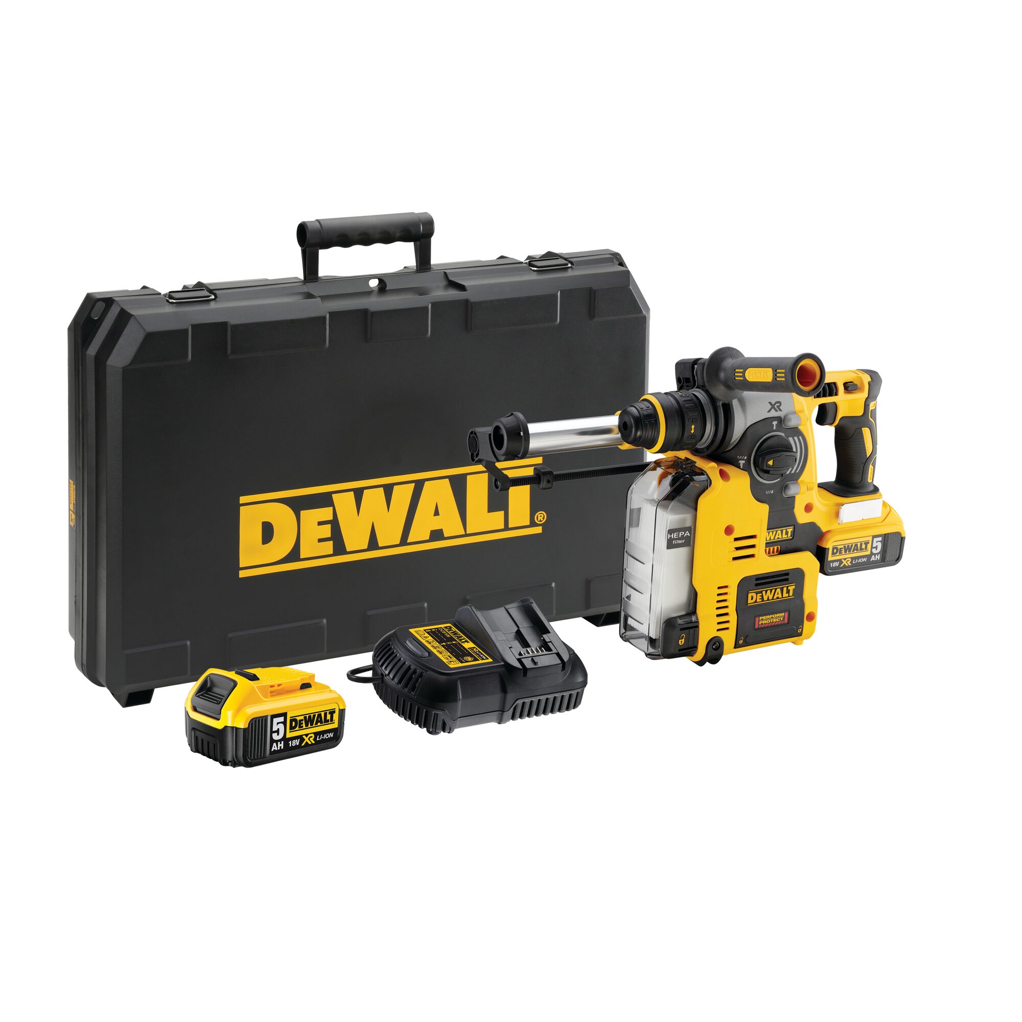 DeWalt 18V combihamer 24mm SDS-plus 2.1J wisselbare boorkop stofafzuiging. 2x 5.0Ah DCH275P2-QW