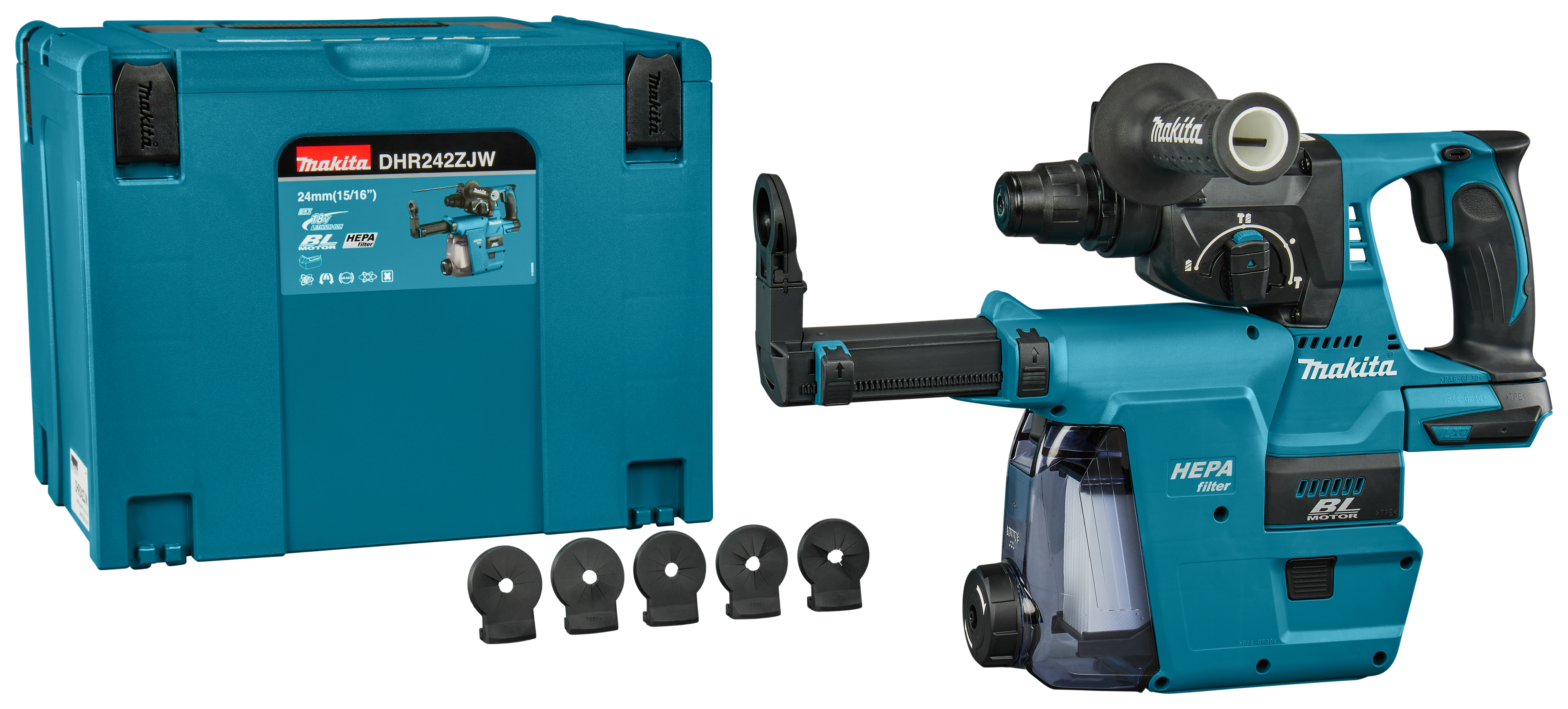 Makita 18V combihamer 24mm SDS-plus 2.0J stofzuiger Mbox DHR242ZJW