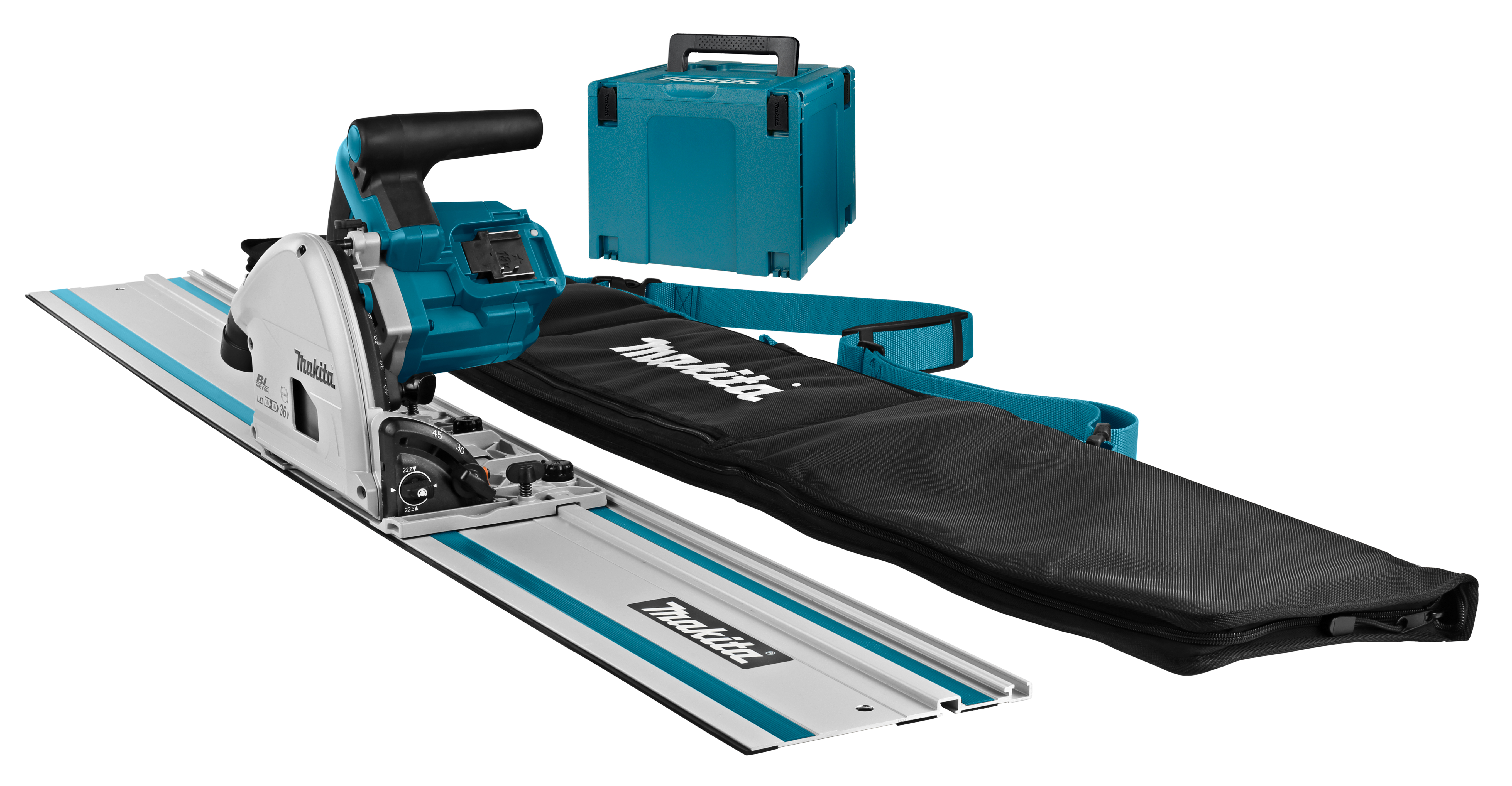 Makita 2x18V invalzaag 165-56mm met rail en tas Mbox DSP600ZJ2