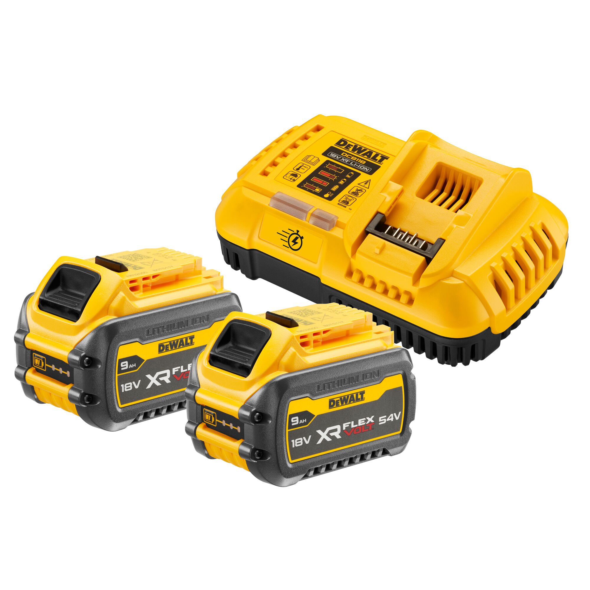 DeWalt 54V startset 2x 9Ah lader 8A Flexvolt DCB118X2-QW