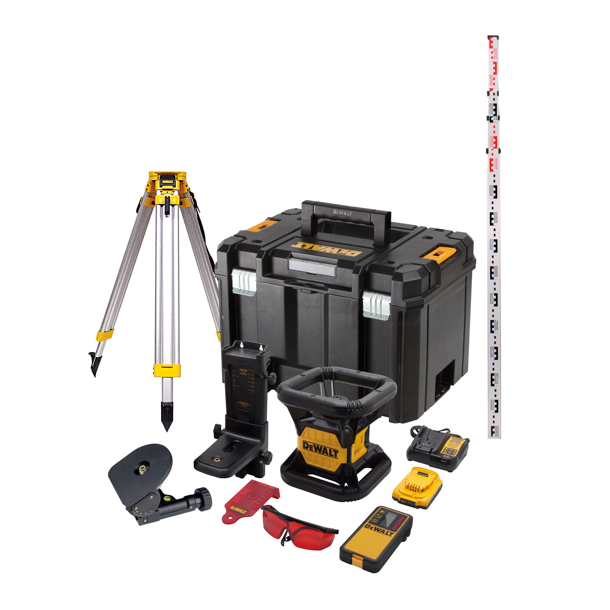 DeWalt 18V roterende laser rood IP54 1 x 2.0Ah incl. statief en meetlat DCE074D1R-SET