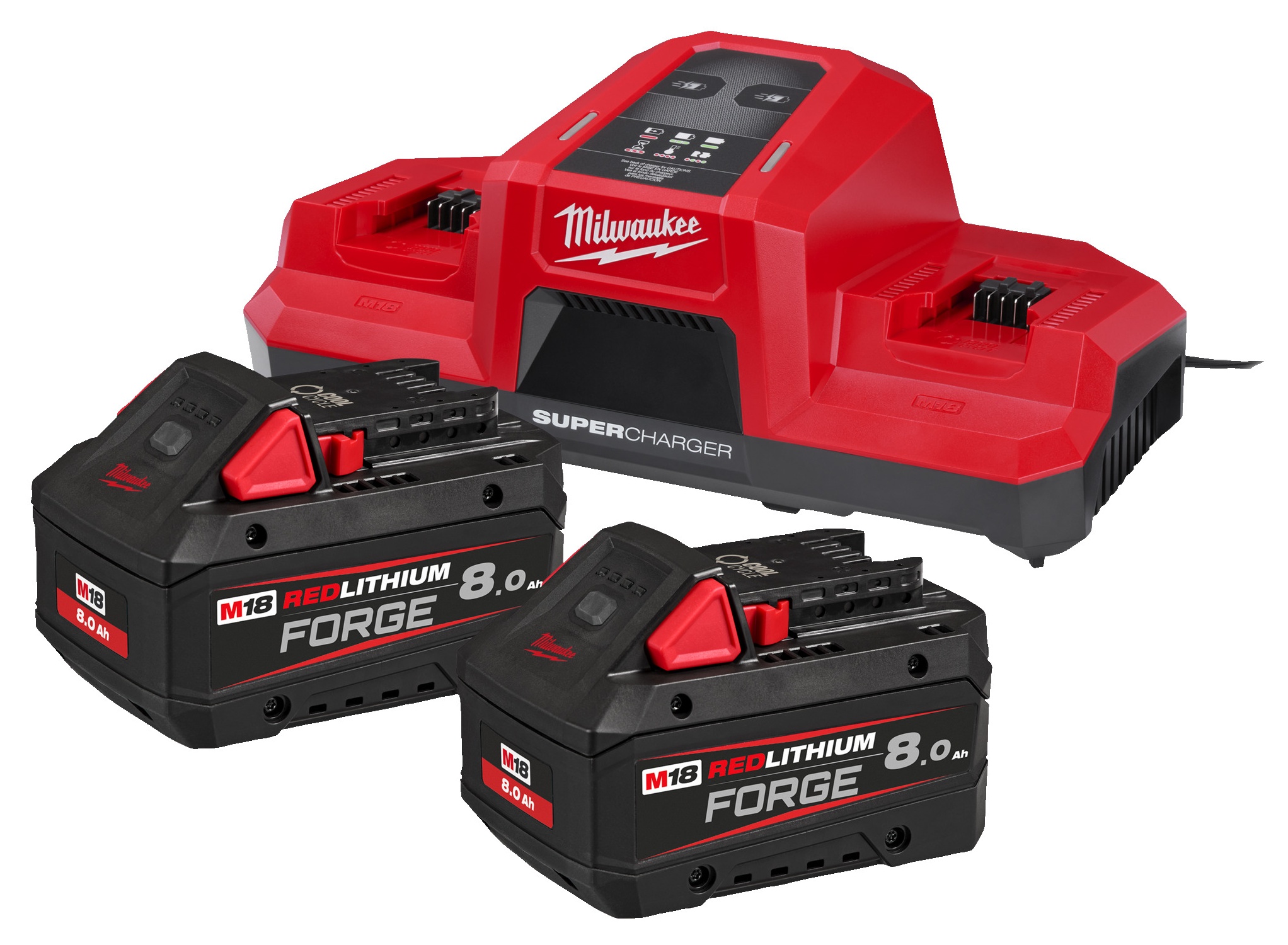 Milwaukee 18V startset 2x 8Ah lader 9A FORGE M18 FORGENRG-802DBSC