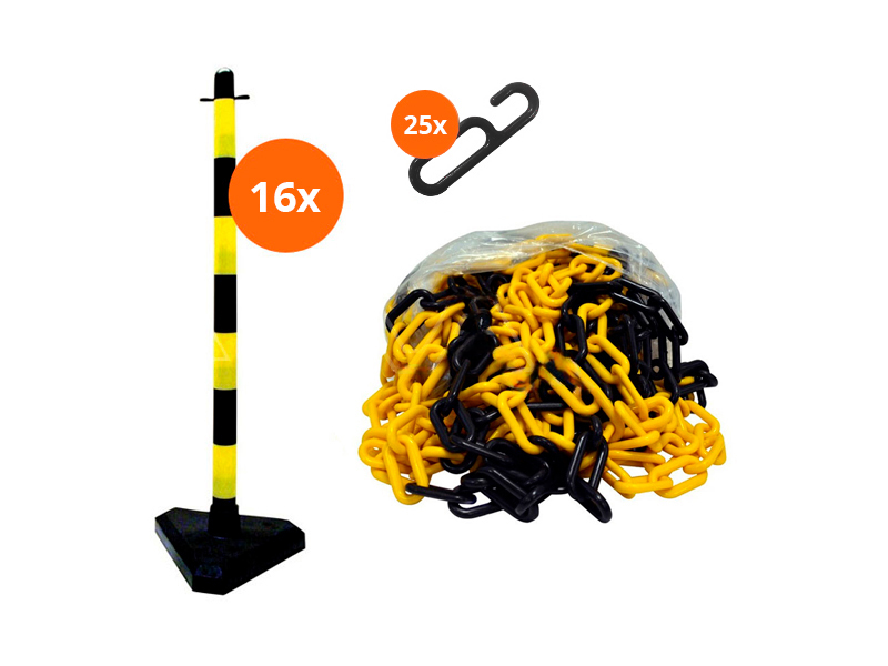 Afzetpaal 16 stuks + Ketting 25m geel-zwart en 25 x kettinghouder