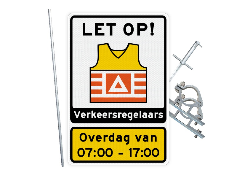 Verkeersbord VKR03 Verkeersregelaars | Set met mast, slagpot + beugels | 60 x 90